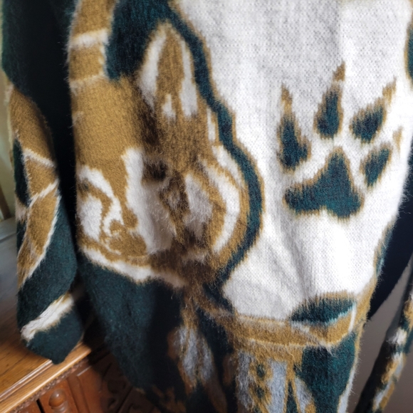 VINTAGE YARINA WOOL WOLF PRINT ZIP UP CARDIGAN - Picture 5 of 12
